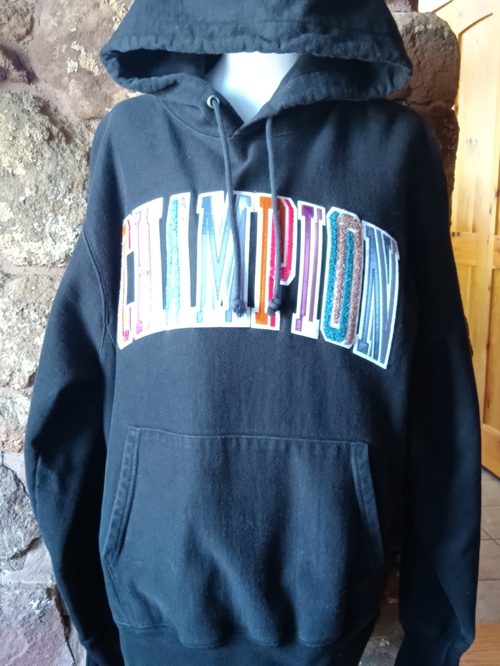Champion Black Hoodie with Multicolor Logo
